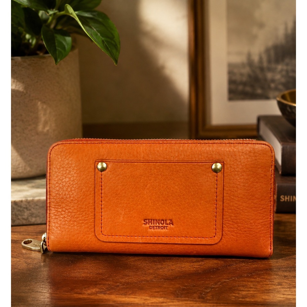 Shinola Detroit The Pocket Zip Wallet in Bold Orange Leather NEW $295 MSRP